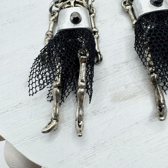 Halloween Skeleton Earrings Goth Girl Tulle Skirt Bat Red Rhinestone Silver Tone - Picture 7 of 7